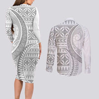 Polynesian White Sunday Couples Matching Long Sleeve Bodycon Dress and Long Sleeve Button Shirt Lotu Tamaiti Melanesian Pattern - Polynesian Pride
