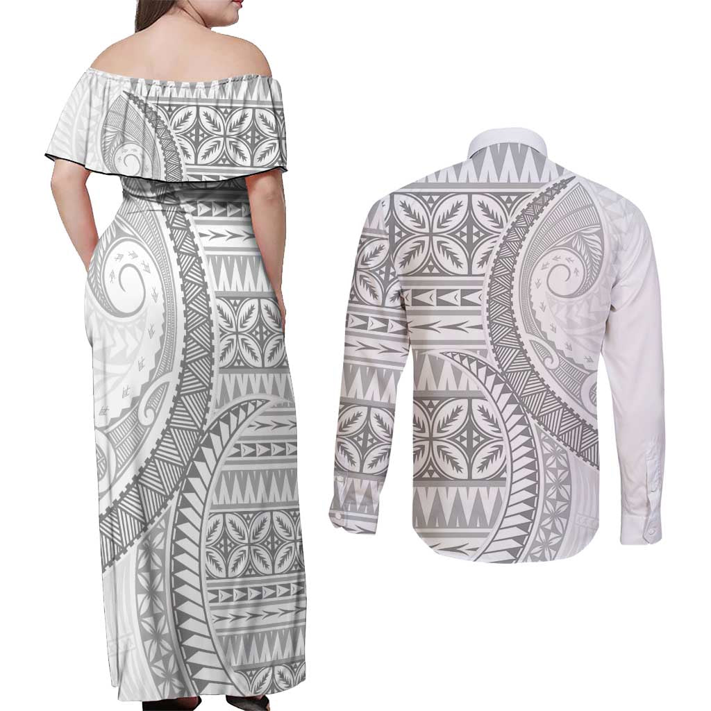 Polynesian White Sunday Couples Matching Off Shoulder Maxi Dress and Long Sleeve Button Shirt Lotu Tamaiti Melanesian Pattern - Polynesian Pride
