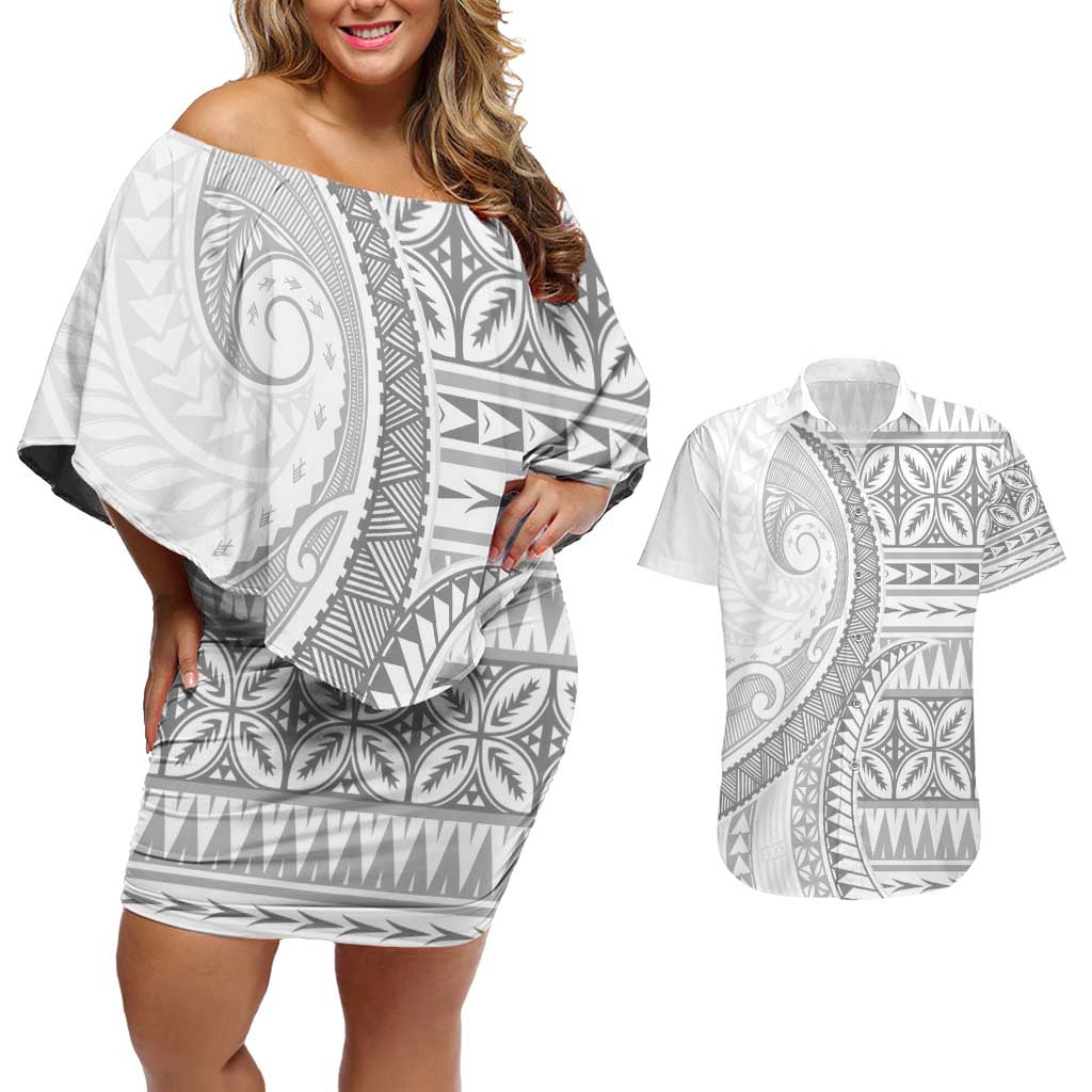 Polynesian White Sunday Couples Matching Off Shoulder Short Dress and Hawaiian Shirt Lotu Tamaiti Melanesian Pattern - Polynesian Pride
