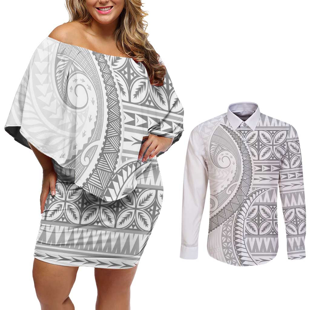 Polynesian White Sunday Couples Matching Off Shoulder Short Dress and Long Sleeve Button Shirt Lotu Tamaiti Melanesian Pattern - Polynesian Pride
