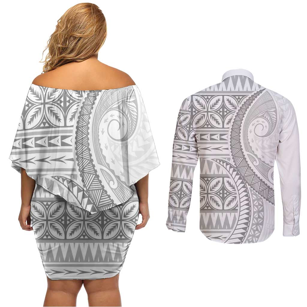 Polynesian White Sunday Couples Matching Off Shoulder Short Dress and Long Sleeve Button Shirt Lotu Tamaiti Melanesian Pattern - Polynesian Pride
