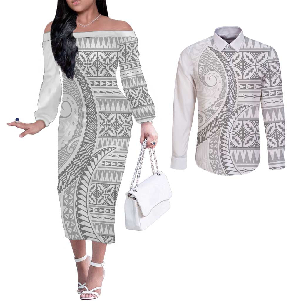 Polynesian White Sunday Couples Matching Off The Shoulder Long Sleeve Dress and Long Sleeve Button Shirt Lotu Tamaiti Melanesian Pattern - Polynesian Pride