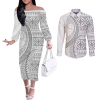 Polynesian White Sunday Couples Matching Off The Shoulder Long Sleeve Dress and Long Sleeve Button Shirt Lotu Tamaiti Melanesian Pattern - Polynesian Pride