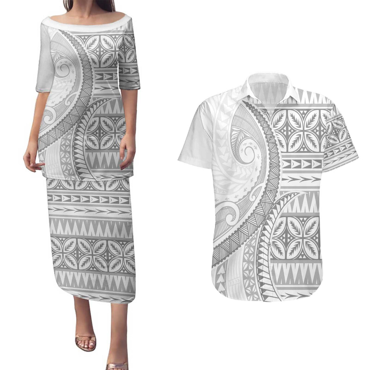 Polynesian White Sunday Couples Matching Puletasi and Hawaiian Shirt Lotu Tamaiti Melanesian Pattern - Polynesian Pride