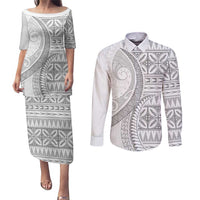 Polynesian White Sunday Couples Matching Puletasi and Long Sleeve Button Shirt Lotu Tamaiti Melanesian Pattern - Polynesian Pride
