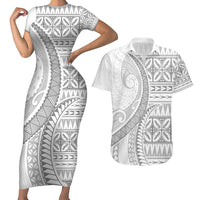 Polynesian White Sunday Couples Matching Short Sleeve Bodycon Dress and Hawaiian Shirt Lotu Tamaiti Melanesian Pattern - Polynesian Pride