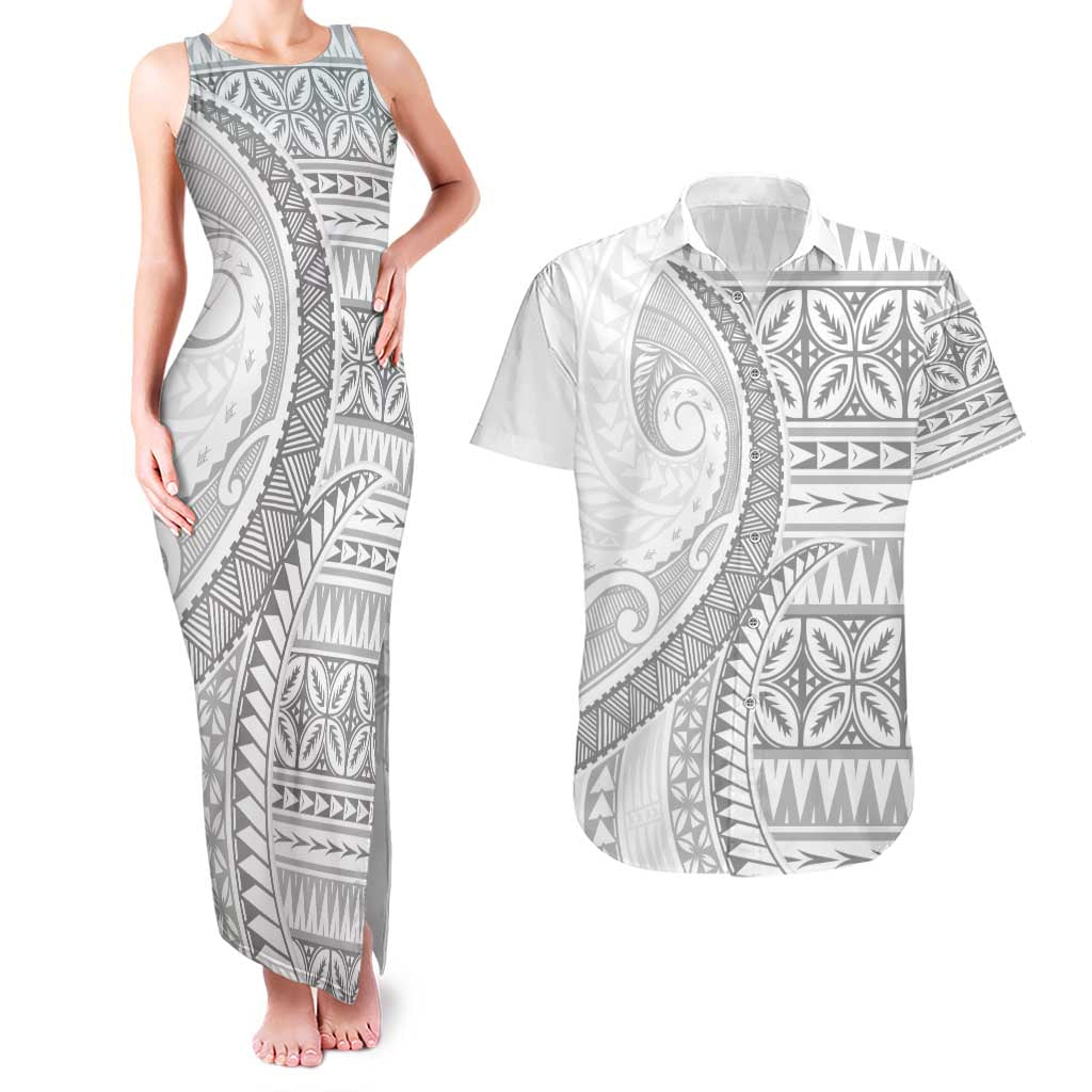 Polynesian White Sunday Couples Matching Tank Maxi Dress and Hawaiian Shirt Lotu Tamaiti Melanesian Pattern - Polynesian Pride