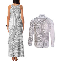 Polynesian White Sunday Couples Matching Tank Maxi Dress and Long Sleeve Button Shirt Lotu Tamaiti Melanesian Pattern - Polynesian Pride
