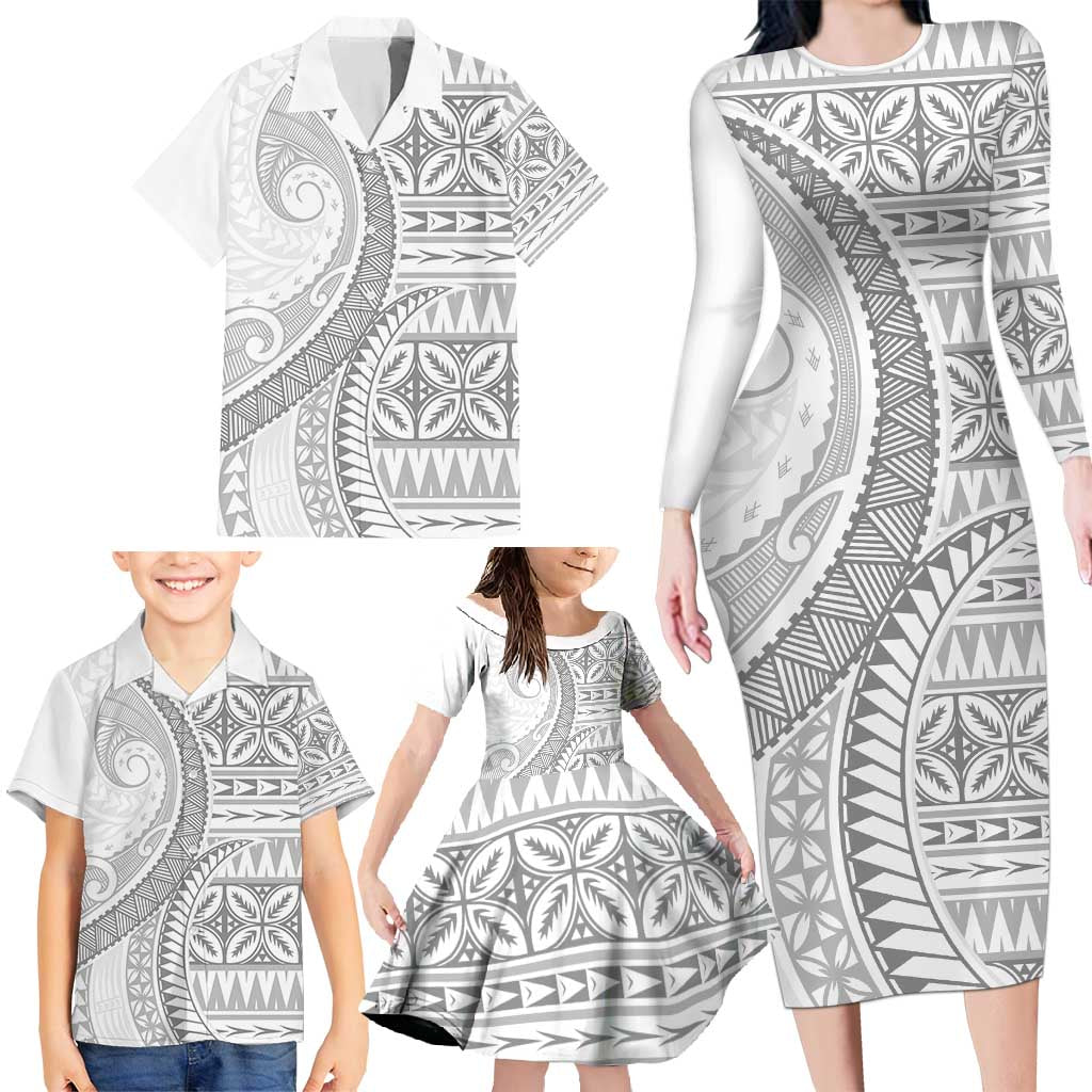 Polynesian White Sunday Family Matching Long Sleeve Bodycon Dress and Hawaiian Shirt Lotu Tamaiti Melanesian Pattern - Polynesian Pride