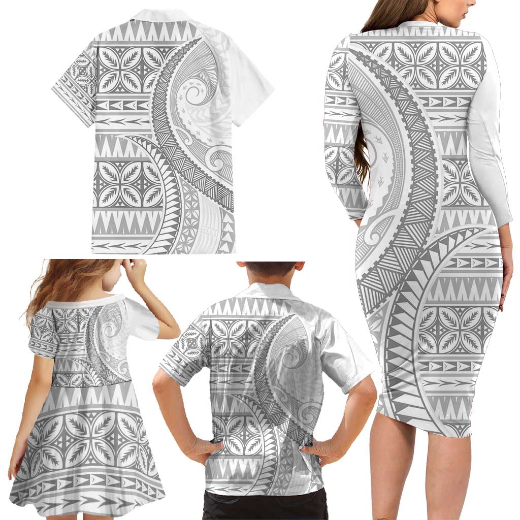 Polynesian White Sunday Family Matching Long Sleeve Bodycon Dress and Hawaiian Shirt Lotu Tamaiti Melanesian Pattern - Polynesian Pride