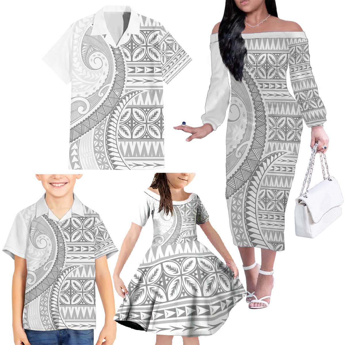 Polynesian White Sunday Family Matching Off The Shoulder Long Sleeve Dress and Hawaiian Shirt Lotu Tamaiti Melanesian Pattern - Polynesian Pride