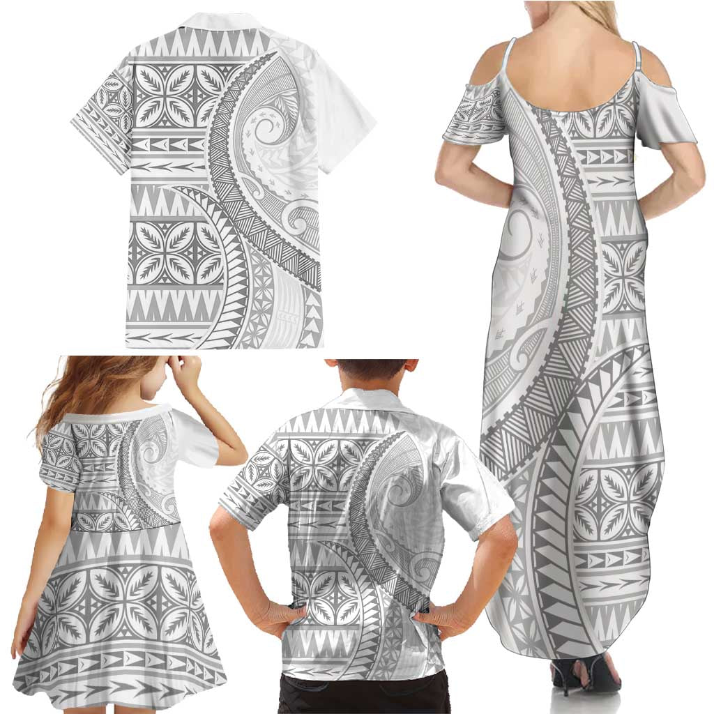 Polynesian White Sunday Family Matching Summer Maxi Dress and Hawaiian Shirt Lotu Tamaiti Melanesian Pattern - Polynesian Pride