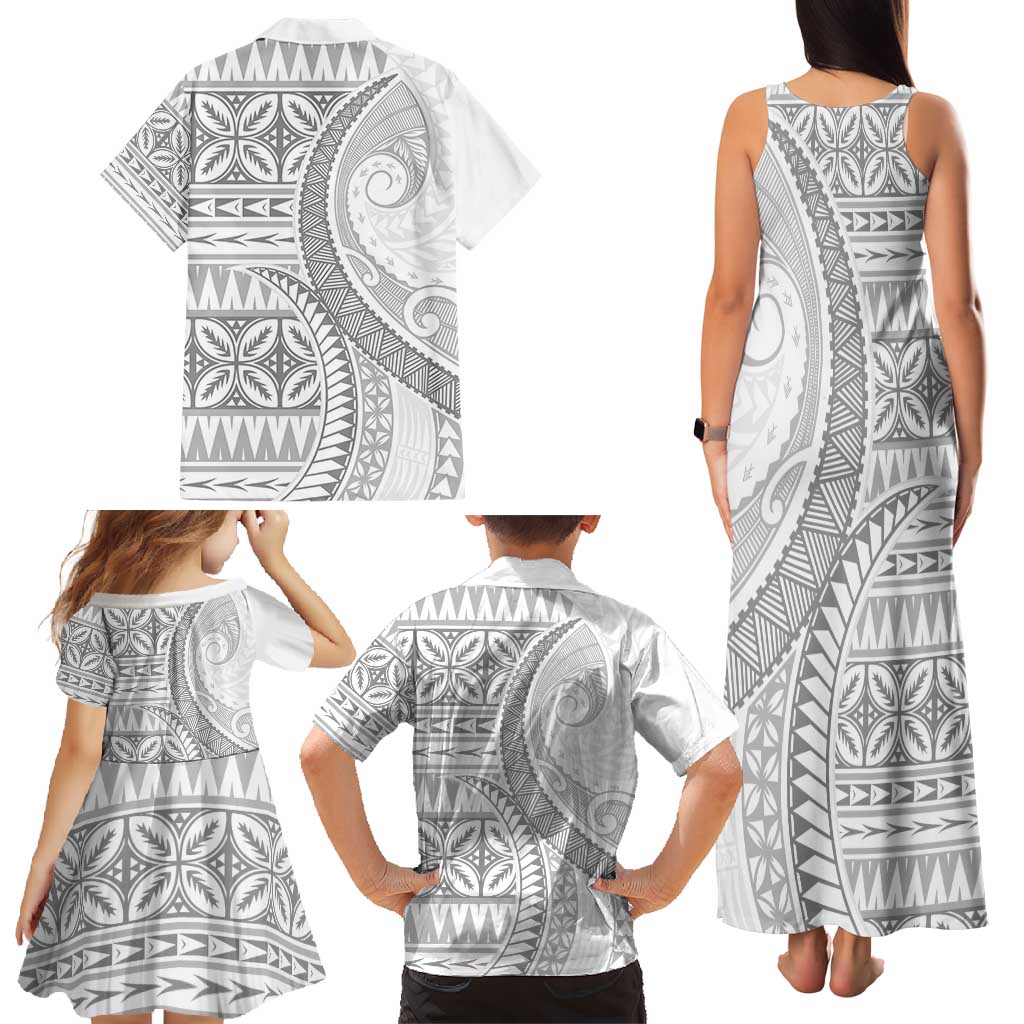 Polynesian White Sunday Family Matching Tank Maxi Dress and Hawaiian Shirt Lotu Tamaiti Melanesian Pattern - Polynesian Pride