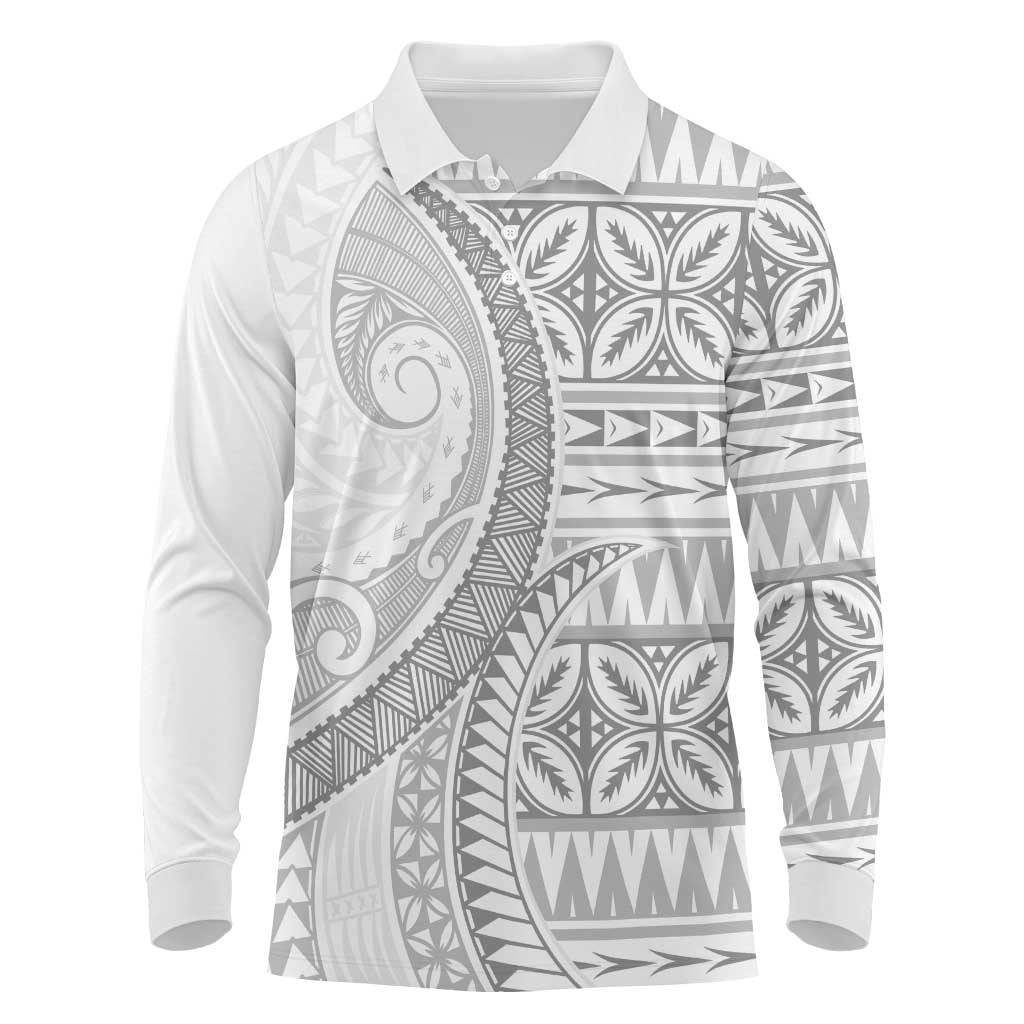 Polynesian White Sunday Long Sleeve Polo Shirt Lotu Tamaiti Melanesian Pattern LT9 White - Polynesian Pride
