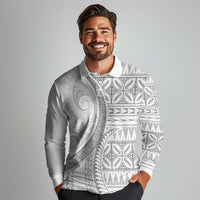 Polynesian White Sunday Long Sleeve Polo Shirt Lotu Tamaiti Melanesian Pattern - Polynesian Pride