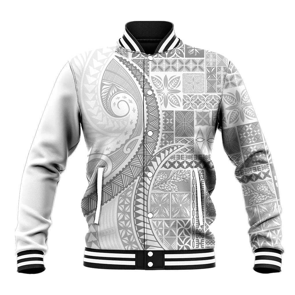 Samoa Siapo White Sunday Baseball Jacket Lotu Tamaiti Polynesian White Pattern LT9 Unisex White - Polynesian Pride