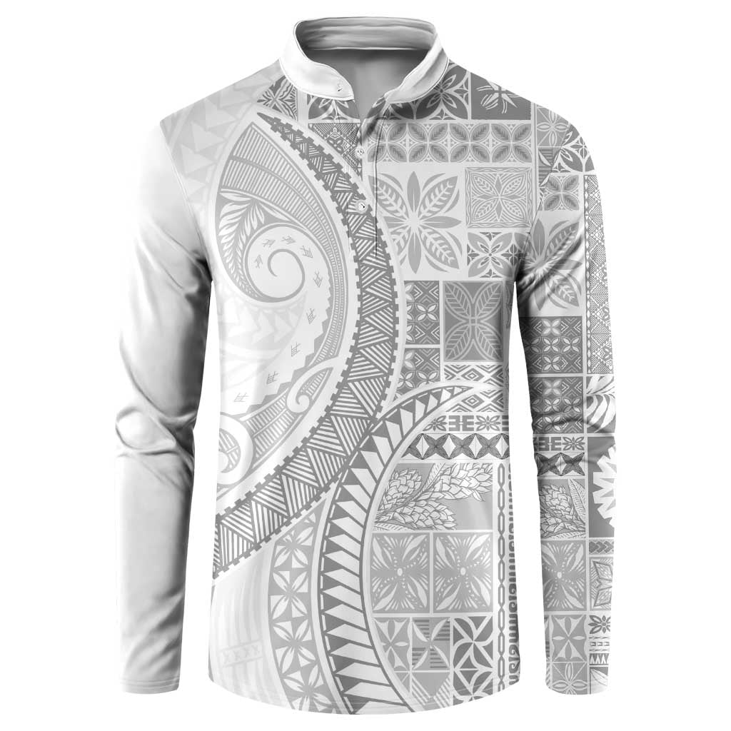 Samoa Siapo White Sunday Button Sweatshirt Lotu Tamaiti Polynesian White Pattern - Polynesian Pride