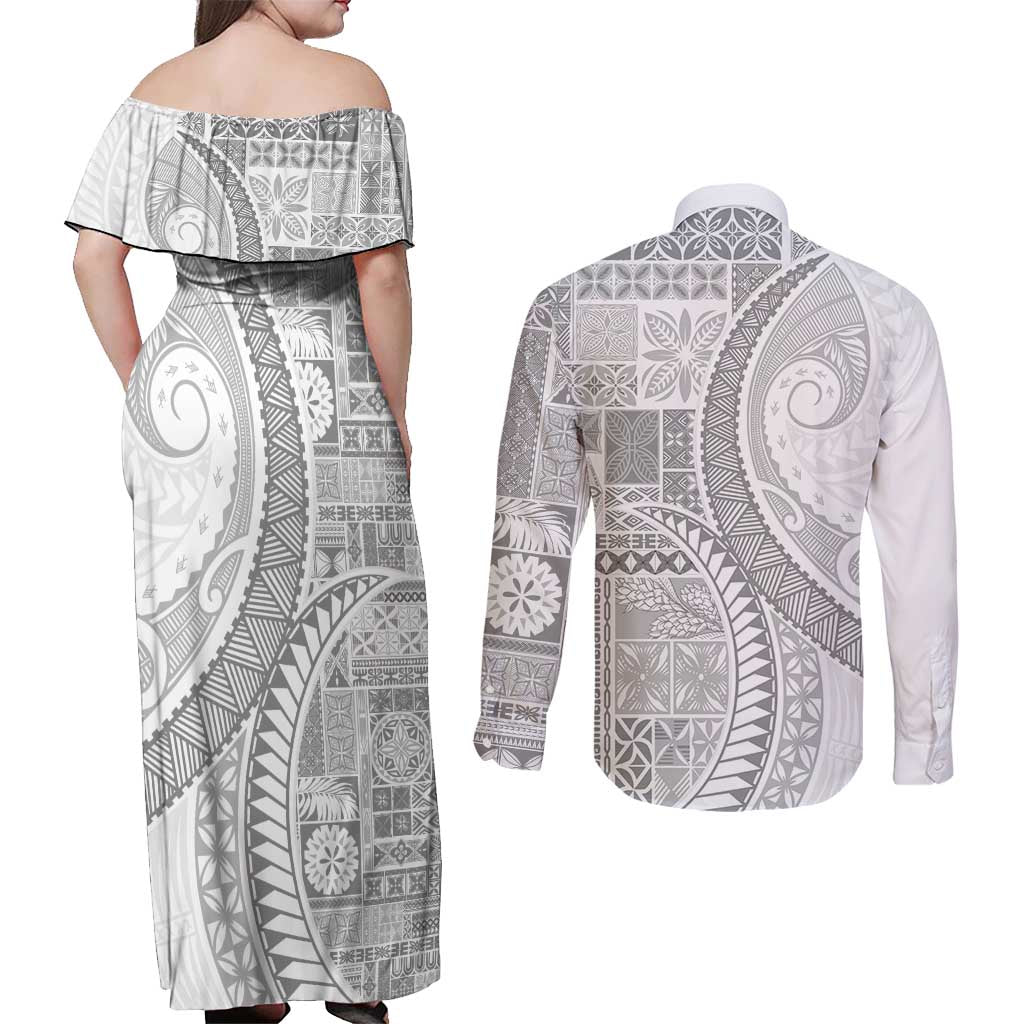 Samoa Siapo White Sunday Couples Matching Off Shoulder Maxi Dress and Long Sleeve Button Shirt Lotu Tamaiti Polynesian White Pattern - Polynesian Pride