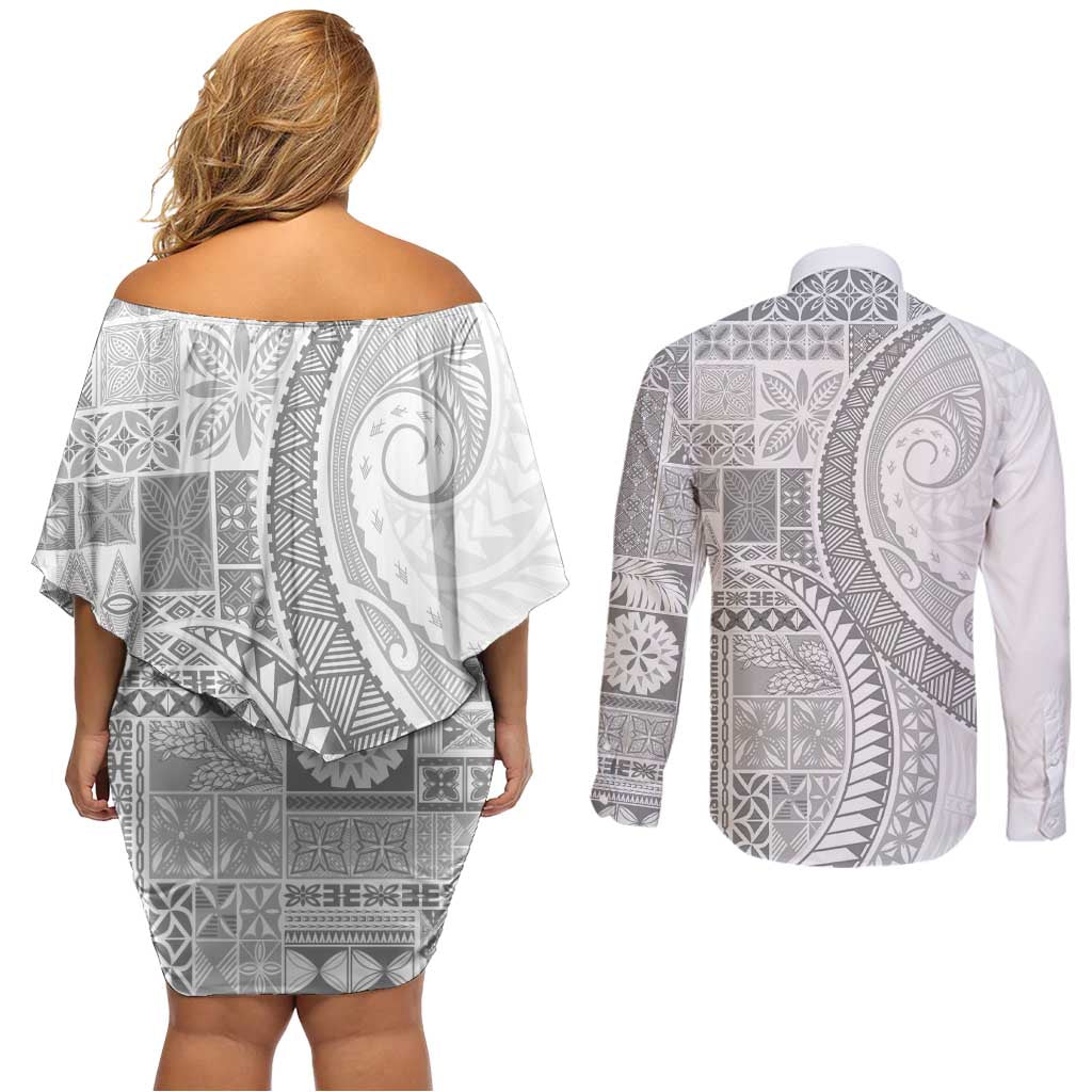 Samoa Siapo White Sunday Couples Matching Off Shoulder Short Dress and Long Sleeve Button Shirt Lotu Tamaiti Polynesian White Pattern - Polynesian Pride