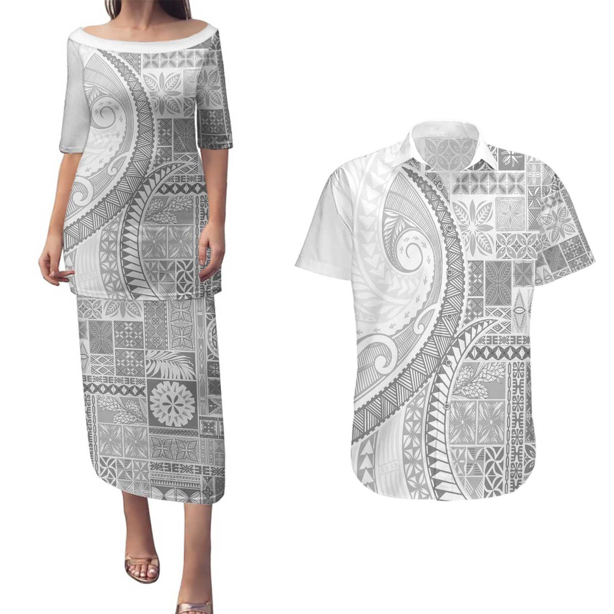 Samoa Siapo White Sunday Couples Matching Puletasi and Hawaiian Shirt Lotu Tamaiti Polynesian White Pattern - Polynesian Pride
