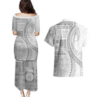 Samoa Siapo White Sunday Couples Matching Puletasi and Hawaiian Shirt Lotu Tamaiti Polynesian White Pattern - Polynesian Pride
