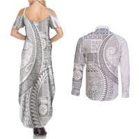 Samoa Siapo White Sunday Couples Matching Summer Maxi Dress and Long Sleeve Button Shirt Lotu Tamaiti Polynesian White Pattern - Polynesian Pride