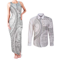 Samoa Siapo White Sunday Couples Matching Tank Maxi Dress and Long Sleeve Button Shirt Lotu Tamaiti Polynesian White Pattern - Polynesian Pride