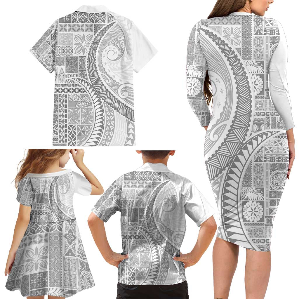 Samoa Siapo White Sunday Family Matching Long Sleeve Bodycon Dress and Hawaiian Shirt Lotu Tamaiti Polynesian White Pattern - Polynesian Pride