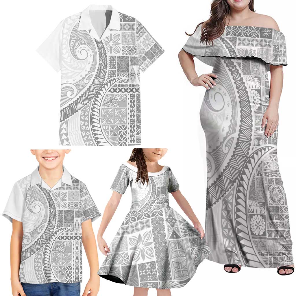 Samoa Siapo White Sunday Family Matching Off Shoulder Maxi Dress and Hawaiian Shirt Lotu Tamaiti Polynesian White Pattern - Polynesian Pride