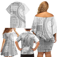 Samoa Siapo White Sunday Family Matching Off Shoulder Short Dress and Hawaiian Shirt Lotu Tamaiti Polynesian White Pattern - Polynesian Pride