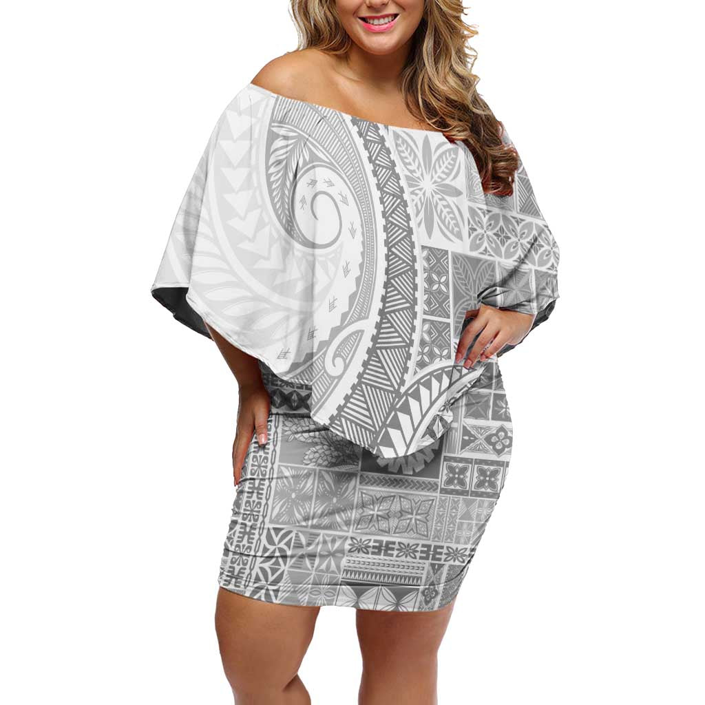Samoa Siapo White Sunday Family Matching Off Shoulder Short Dress and Hawaiian Shirt Lotu Tamaiti Polynesian White Pattern - Polynesian Pride