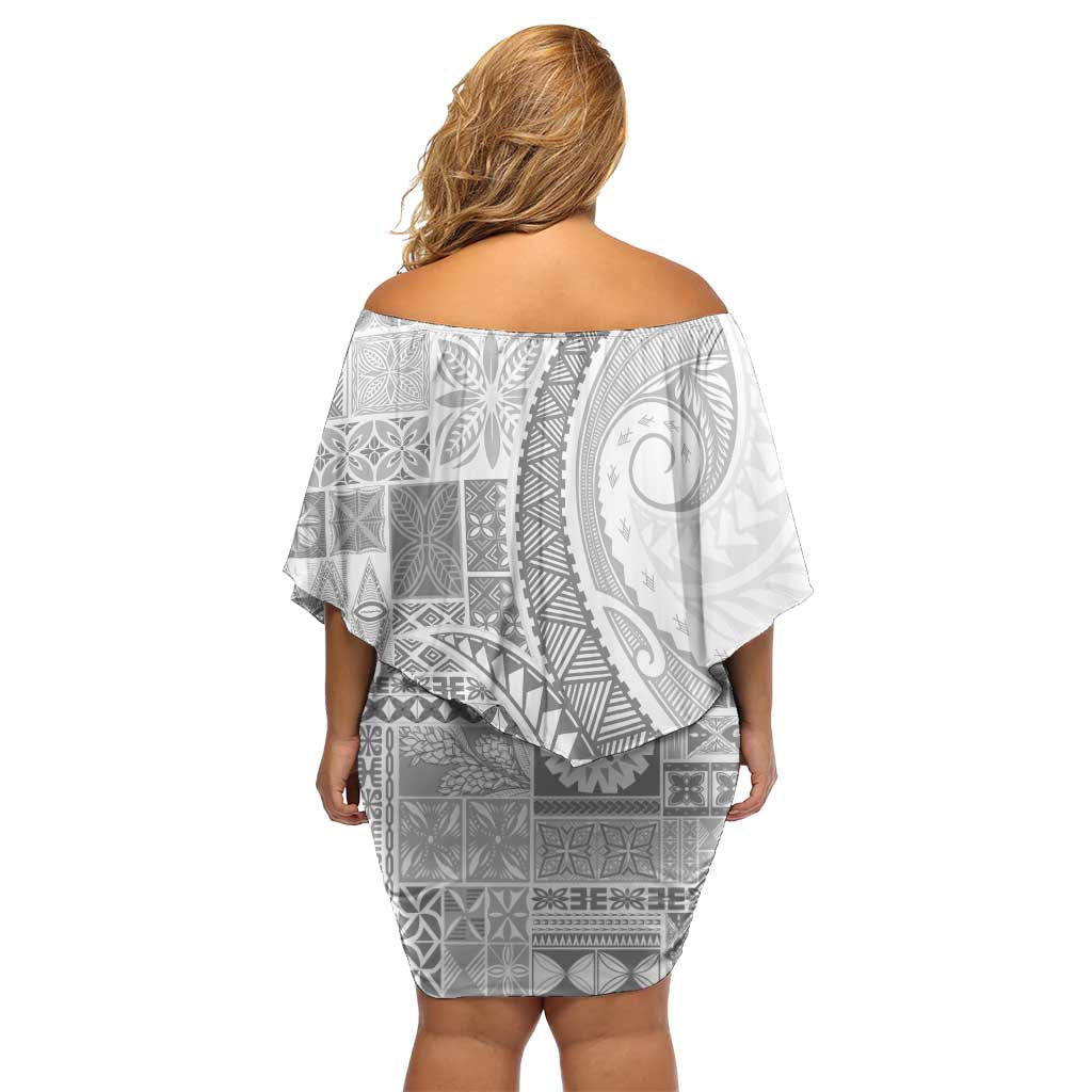 Samoa Siapo White Sunday Family Matching Off Shoulder Short Dress and Hawaiian Shirt Lotu Tamaiti Polynesian White Pattern - Polynesian Pride