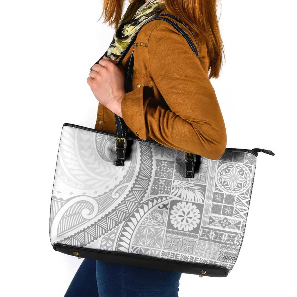 Samoa Siapo White Sunday Leather Tote Bag Lotu Tamaiti Polynesian White Pattern - Polynesian Pride