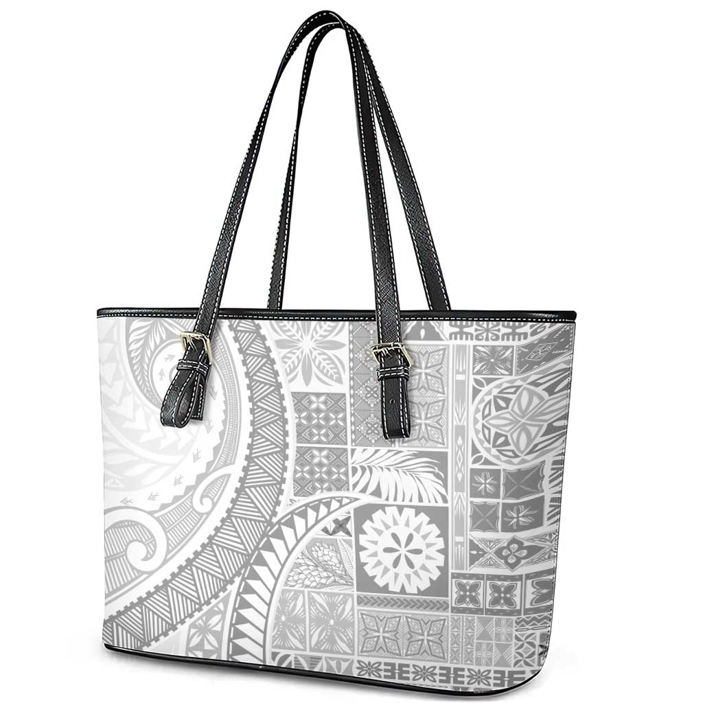 Samoa Siapo White Sunday Leather Tote Bag Lotu Tamaiti Polynesian White Pattern - Polynesian Pride