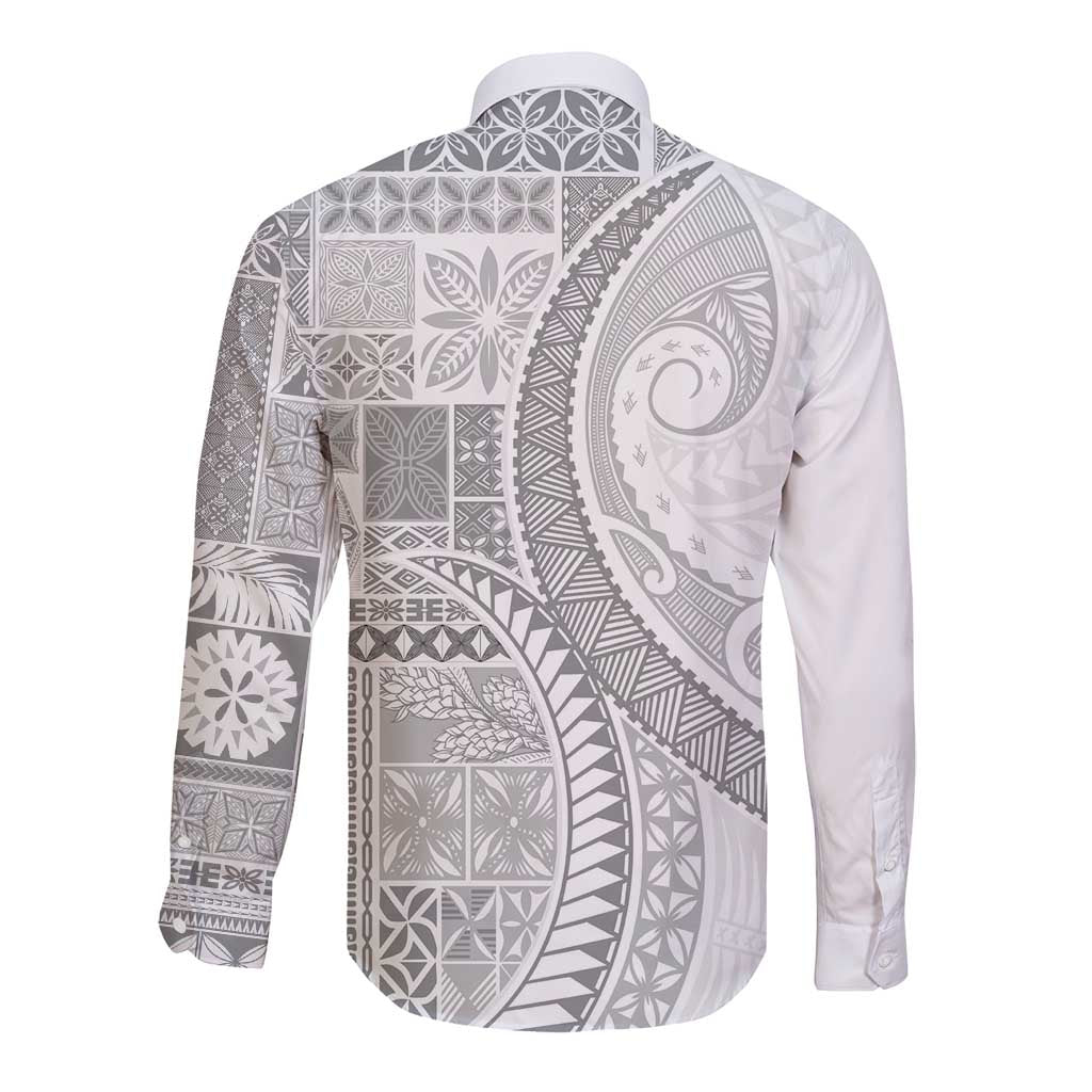 Samoa Siapo White Sunday Long Sleeve Button Shirt Lotu Tamaiti Polynesian White Pattern - Polynesian Pride