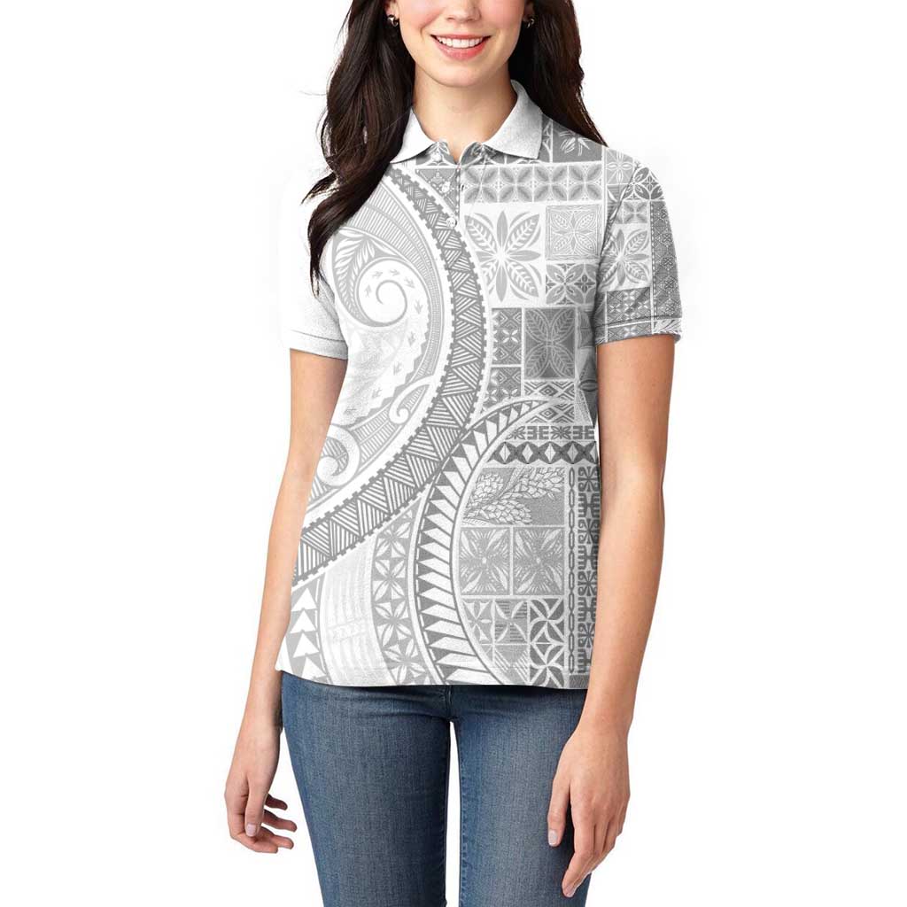 Samoa Siapo White Sunday Women Polo Shirt Lotu Tamaiti Polynesian White Pattern - Polynesian Pride