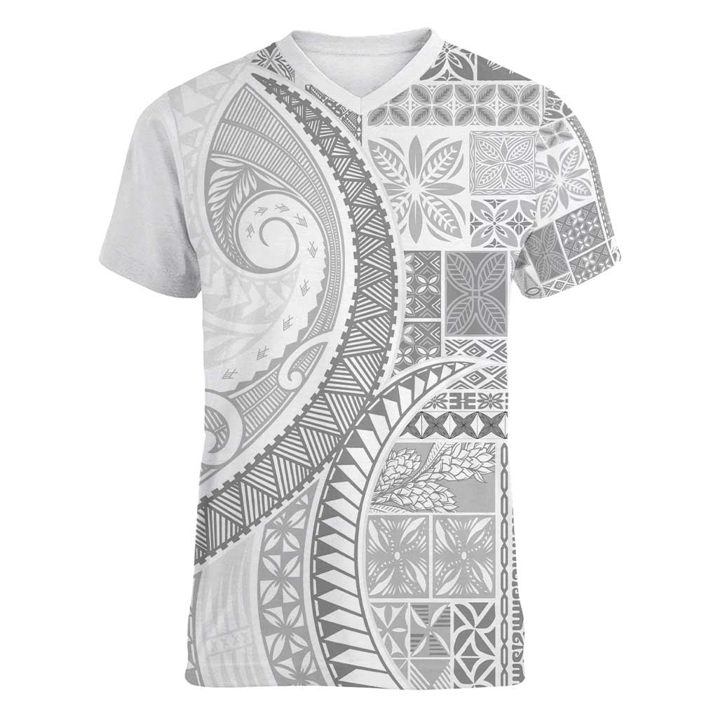 Samoa Siapo White Sunday Women V-Neck T-Shirt Lotu Tamaiti Polynesian White Pattern - Polynesian Pride