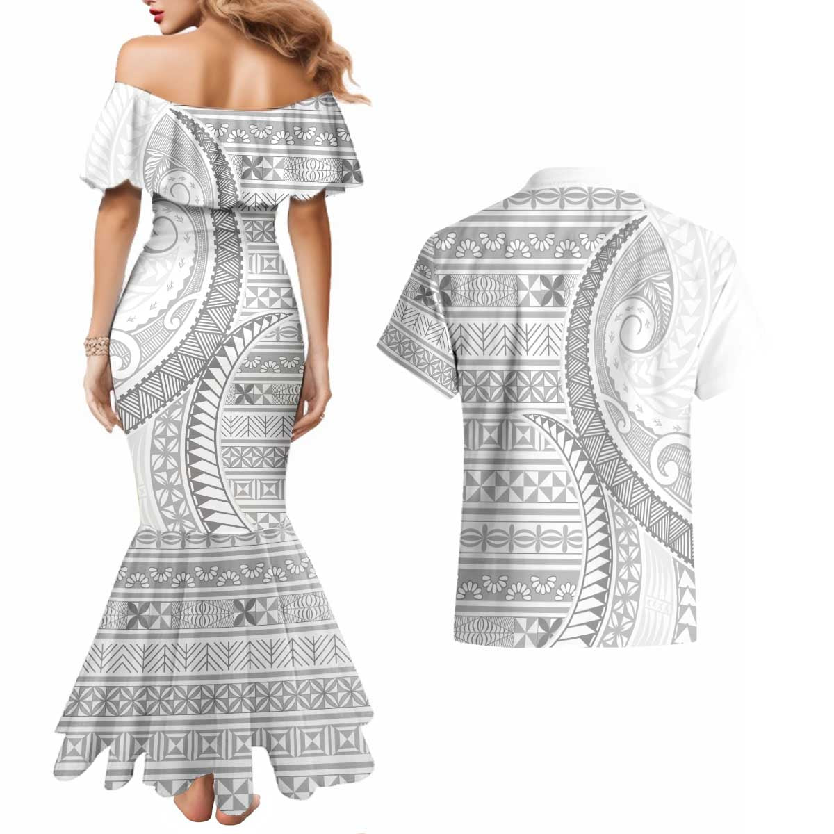 Tokelau White Sunday Couples Matching Mermaid Dress and Hawaiian Shirt Lotu Tamaiti Ngatu Tokelau Feletoa Manulua LT9 - Polynesian Pride