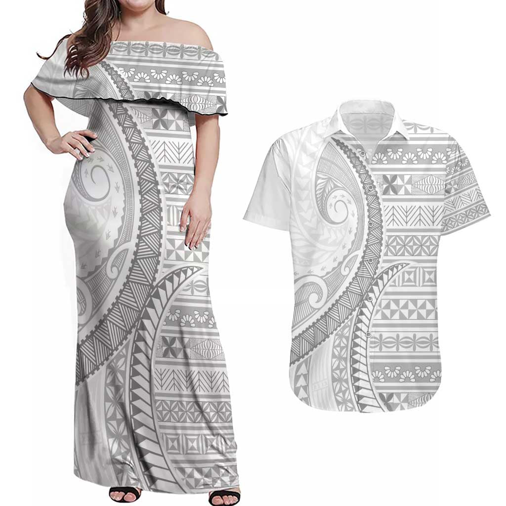 Tokelau White Sunday Couples Matching Off Shoulder Maxi Dress and Hawaiian Shirt Lotu Tamaiti Ngatu Tokelau Feletoa Manulua LT9 White - Polynesian Pride