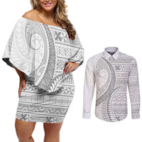 Tokelau White Sunday Couples Matching Off Shoulder Short Dress and Long Sleeve Button Shirt Lotu Tamaiti Ngatu Tokelau Feletoa Manulua - Polynesian Pride