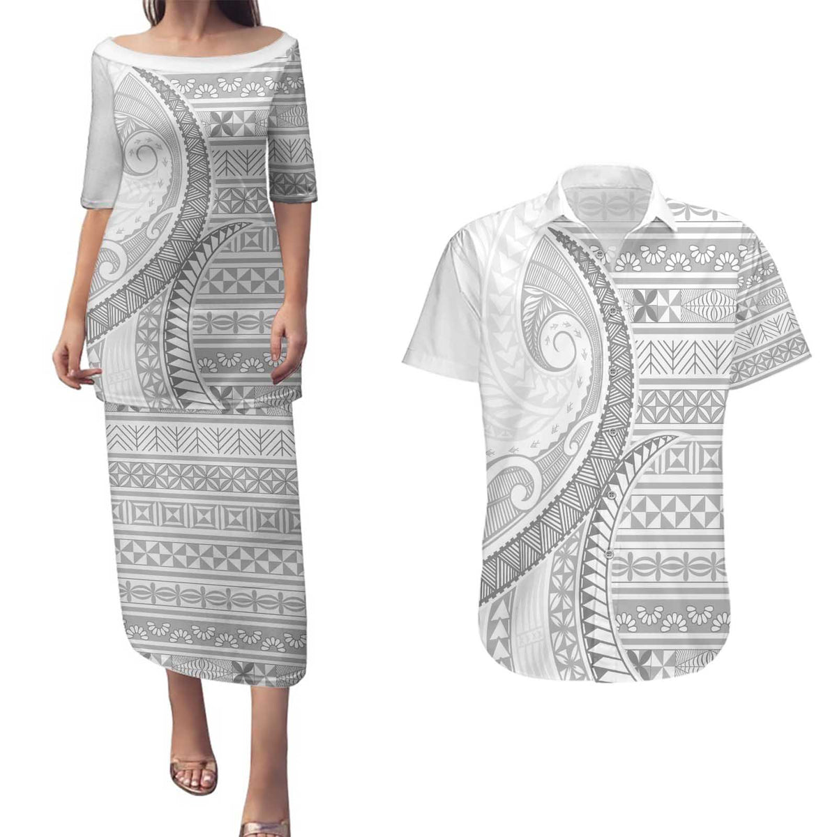 Tokelau White Sunday Couples Matching Puletasi and Hawaiian Shirt Lotu Tamaiti Ngatu Tokelau Feletoa Manulua - Polynesian Pride