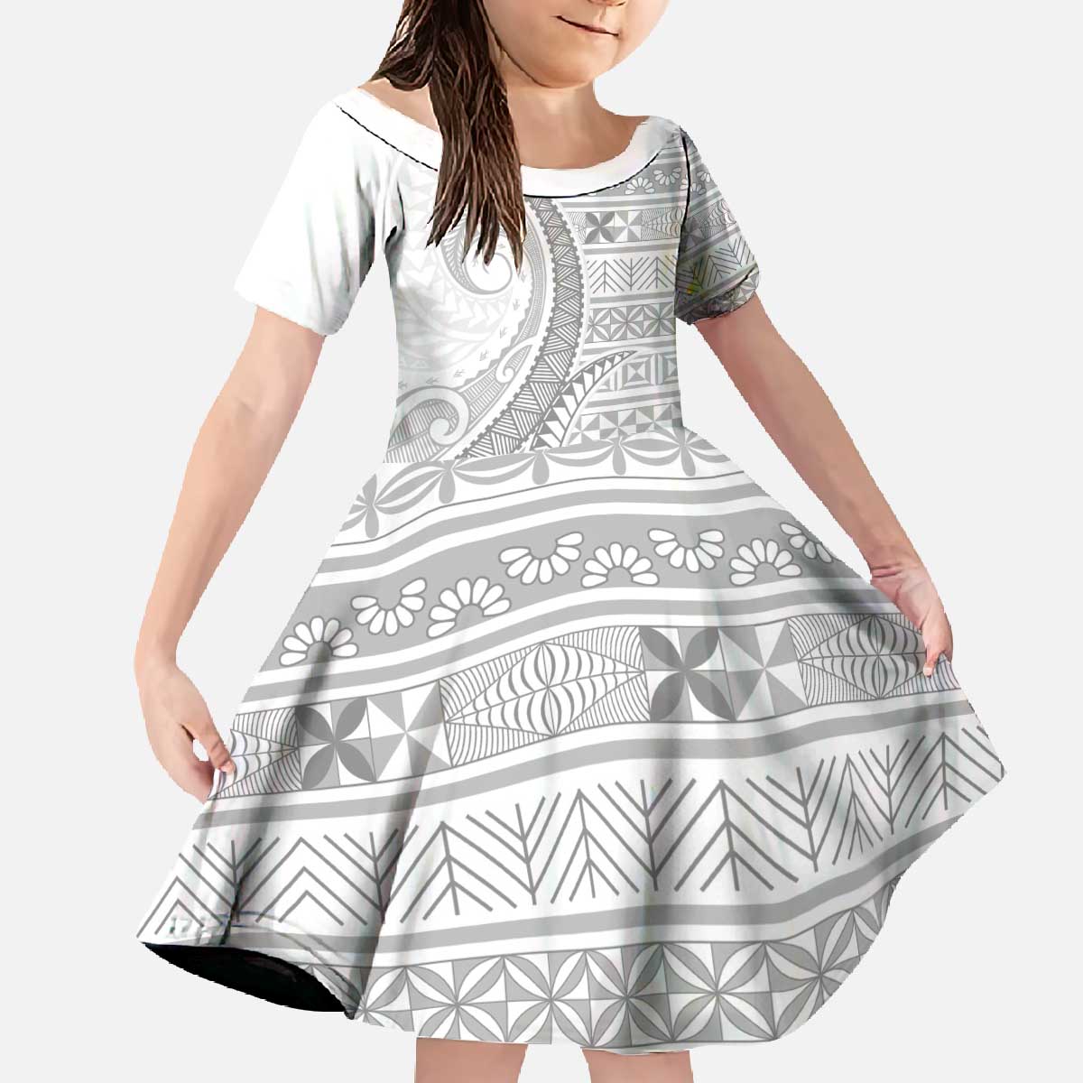 Tokelau White Sunday Family Matching Off The Shoulder Long Sleeve Dress and Hawaiian Shirt Lotu Tamaiti Ngatu Tokelau Feletoa Manulua - Polynesian Pride