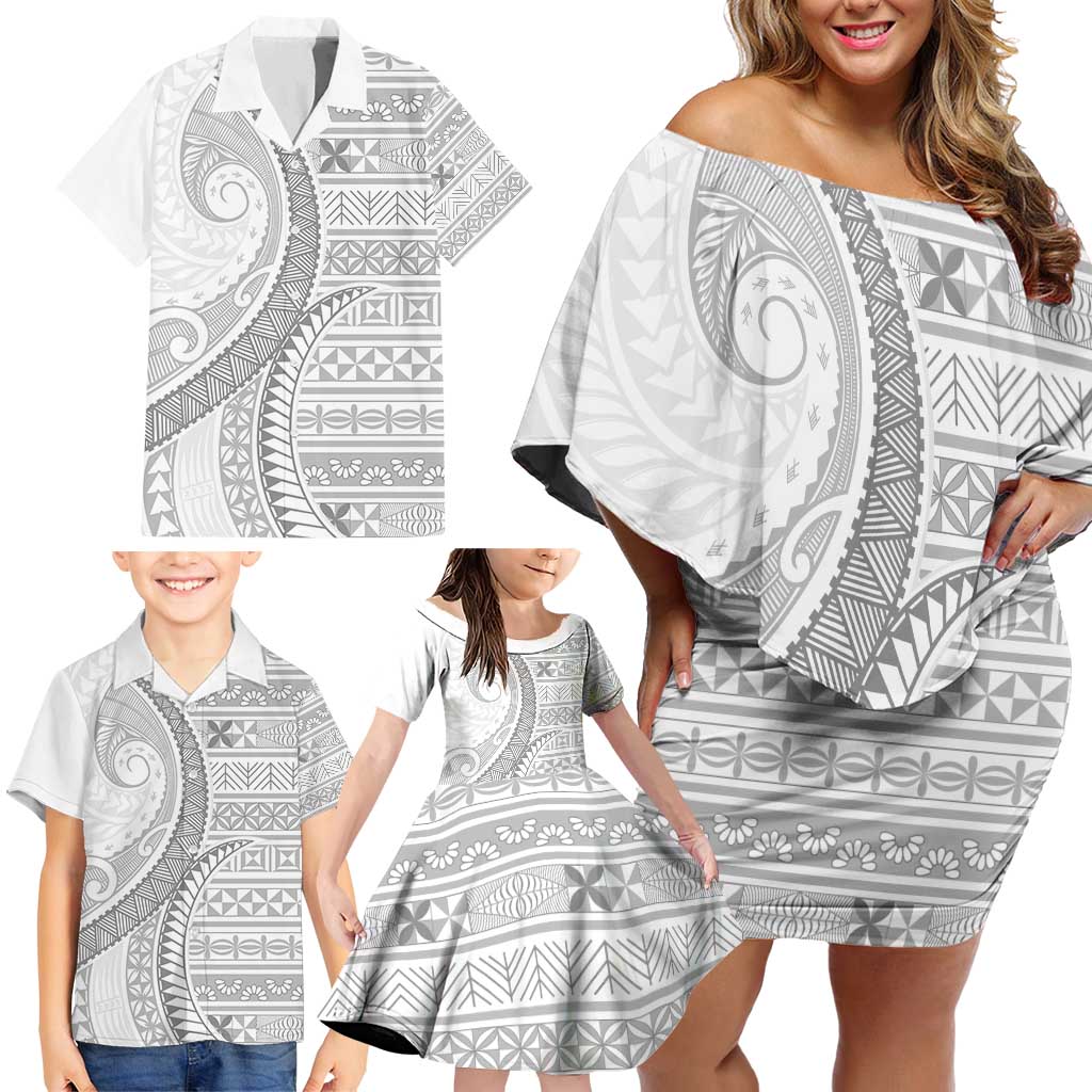 Tokelau White Sunday Family Matching Off Shoulder Short Dress and Hawaiian Shirt Lotu Tamaiti Ngatu Tokelau Feletoa Manulua - Polynesian Pride