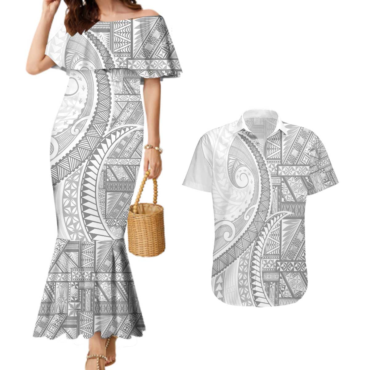 Tonga White Sunday Couples Matching Mermaid Dress and Hawaiian Shirt Lotu Tamaiti Ngatu Tribal - Polynesian Pride