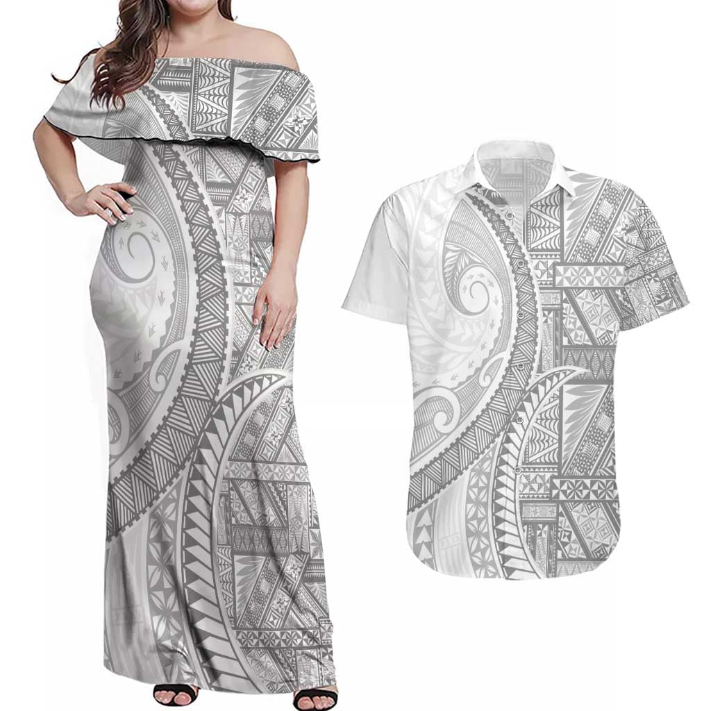 Tonga White Sunday Couples Matching Off Shoulder Maxi Dress and Hawaiian Shirt Lotu Tamaiti Ngatu Tribal - Polynesian Pride