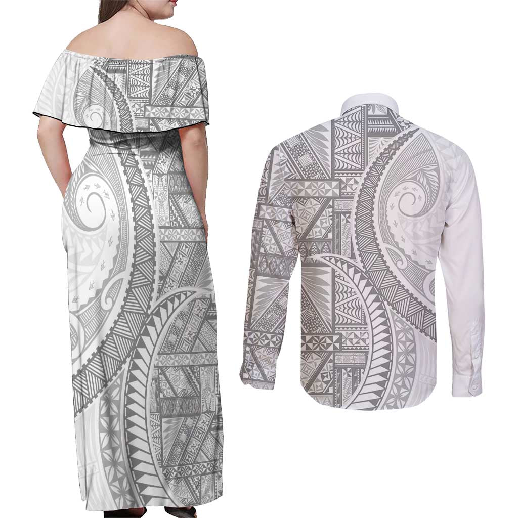 Tonga White Sunday Couples Matching Off Shoulder Maxi Dress and Long Sleeve Button Shirt Lotu Tamaiti Ngatu Tribal - Polynesian Pride
