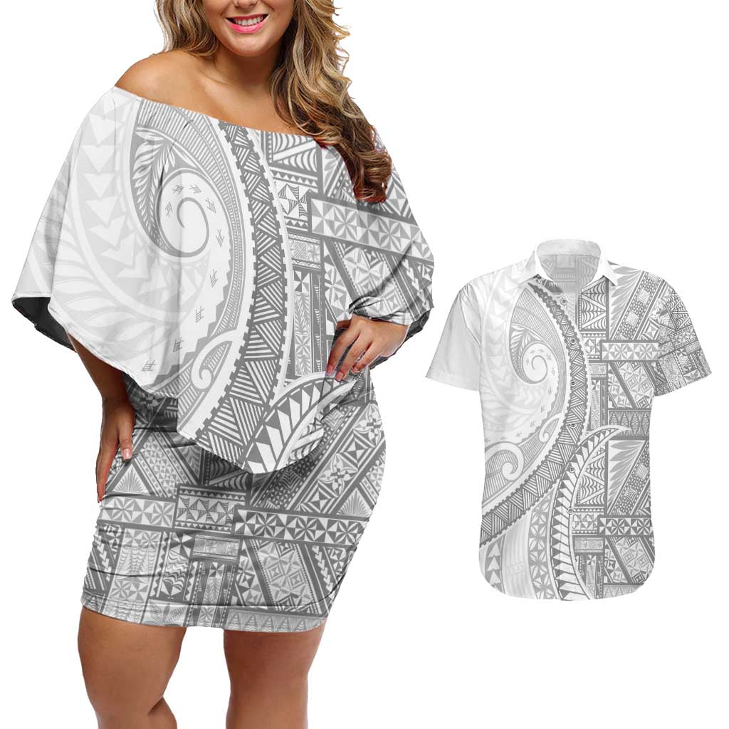 Tonga White Sunday Couples Matching Off Shoulder Short Dress and Hawaiian Shirt Lotu Tamaiti Ngatu Tribal - Polynesian Pride