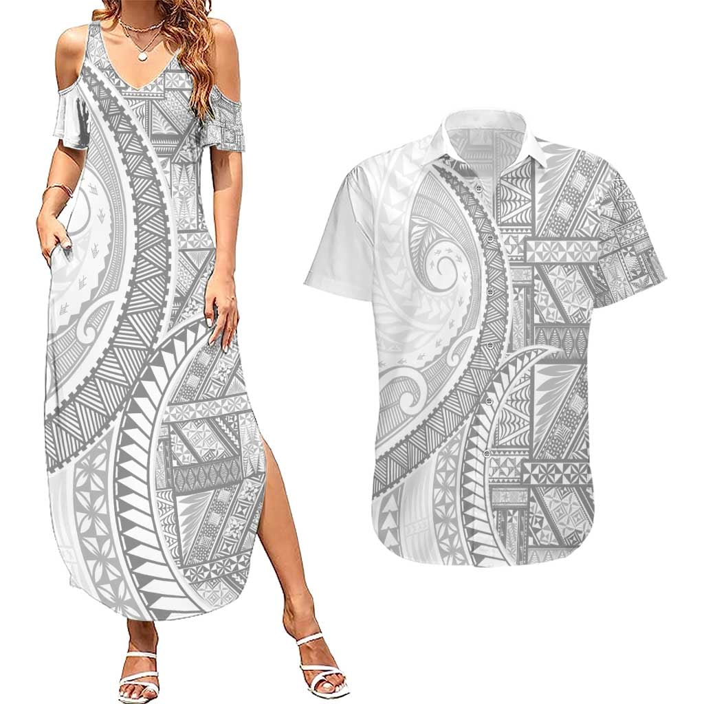 Tonga White Sunday Couples Matching Summer Maxi Dress and Hawaiian Shirt Lotu Tamaiti Ngatu Tribal - Polynesian Pride