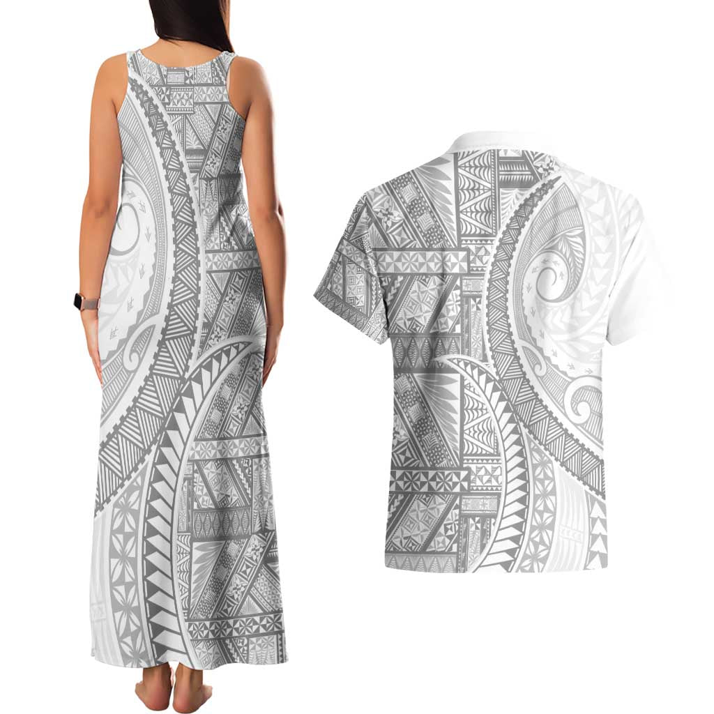 Tonga White Sunday Couples Matching Tank Maxi Dress and Hawaiian Shirt Lotu Tamaiti Ngatu Tribal - Polynesian Pride