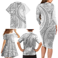 Tonga White Sunday Family Matching Long Sleeve Bodycon Dress and Hawaiian Shirt Lotu Tamaiti Ngatu Tribal - Polynesian Pride